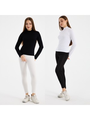Klc Fashion Kadın Siyah Beyaz 2li Uzun Kol Body