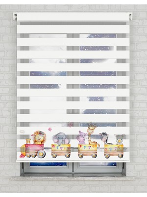 BRIGHTCOVER Tren ve Sevimli Hayvanlar Baskılı Zebra Perde - Gece Gündüz - Bebek Odası Perdesi | Kokusuz Mürekkeple Basılmış  Zebra Perdeler ile Sende Tarzını Yansıt! | 1 Dakikada Pratik Montaj