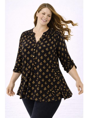 Şans Kadın Büyük Beden Siyah, Ayarlanabilir Truvakar Kol, Lak Baskılı, Omuz Kroşeta Detaylı Bluz 65N39282