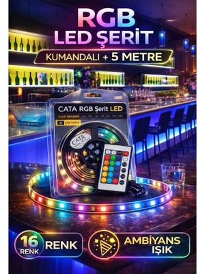 Cata Rgb LED Şerit Kumandalı 5 Metre | 16 Renk + Beyaz Işık | Ambiyans & Dekoratif Aydınlatma