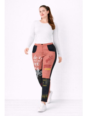 Şans Kadın Büyük Beden Lacivert-Kiremit, Renk ve Baskı Detaylı, Patchwork Pantolon 65N39338