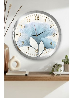 Zevahir Mobilya Dekorasyon Gümüş Çerçeveli Zarif Zaman Temalı Yuvarlak Mdf Duvar Saati