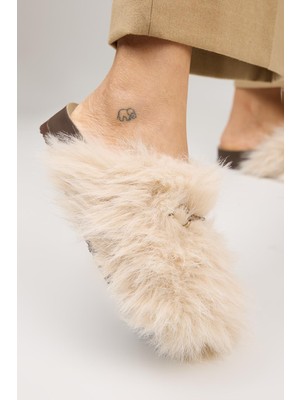 Manijero Zeya Kadın Peluş Tokalı Bej Terlik