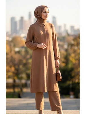 Aerobin Kumaş Tunik Pantolon Ikili Takım 4142-02 Sütlü Kahve
