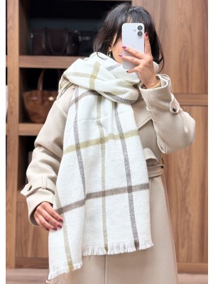 Vazıradk Ekru Zemin Bej & Haki Ekose Püsküllü Atkı