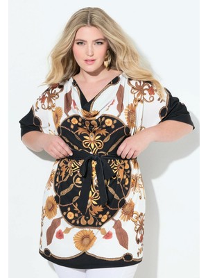 Şans Kadın Büyük Beden Siyah-Beyaz, Çiçek Desenli, Yarasa Kol Tunik 65N39125
