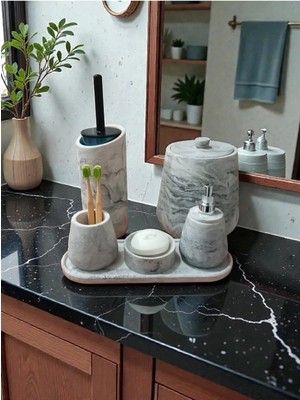 Trust Stone Mermer Desen Beton Banyo Seti Tuvalet Wc,sıvı Sabunlu, Diş Fırçalığı Aksesuar Takımı, Dekorasyon