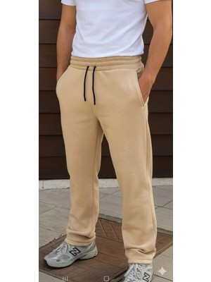 Rawea Fashion Erkek Üç Iplik Kışlık Pamuklu Ovarsize Bağcıklı Düz Paça Cepli Eşofman Altı Spor Rahat Model - Bej