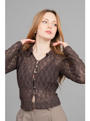 MissVina Gömlek Yaka Uzun Kollu Düğmeli Tül  Bluz 70051
