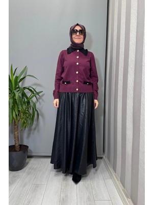 Ghisa Yaka Detaylı Kısa Triko Hırka Mürdüm 26KOBHRK3048