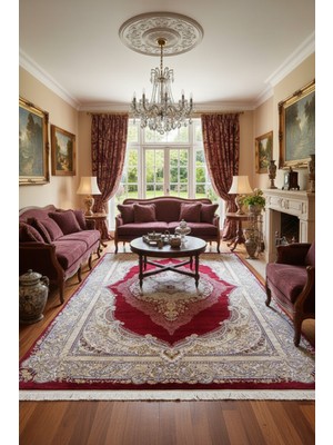 Halı Sepeti Enti Herat 2805 Kırmızı Klasik Salon Halısı Çerçeveli Göbekli Parlak Dokuma Lüks Vintage Halı