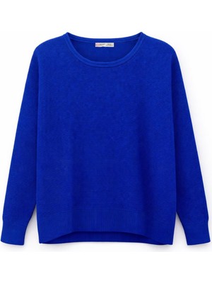 Mixray 6183 Kadın Nopeli Oversize Triko Ince Basic Kazak Saks Mavi