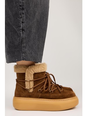 Manijero Haven Kadın Hakiki Deri Bağcıklı Içi Kürklü Taba-Taba Bot