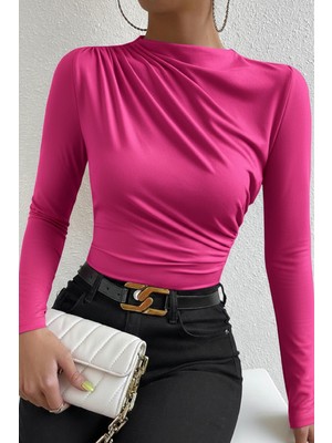 MiraLive Kadın Fuşya Belden ve Boyundan Büzgü Detaylı Uzun Kollu Bluz