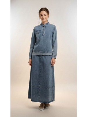 Pantulux Kız Çocuk Etekli Kot Takım Tesettüre Uygun Uzun Denim KOMBIN-AÜT-2042-9036