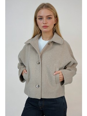 Ohepmoda Oversize Desenli Kadın Kısa Kaşe Kaban