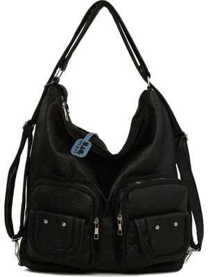 Bagmori Siyah Yumuşak Dokulu Çift Cep Kapaklı Askılı ve Sırt Salaş Çanta