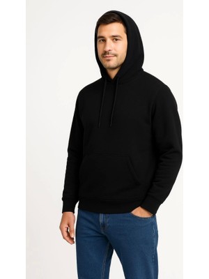 ModaSize Erkek Üç Iplik Kapüşonlu Kanguru Cepli Sweatshirt Hoodie - Siyah