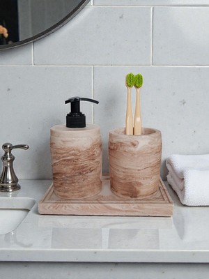 Trust Stone 3'lü Koyu Bej Mermer Desen Banyo Seti ,sıvı Sabunluk Diş Fırçalığı Beton Aksesuar Takımı