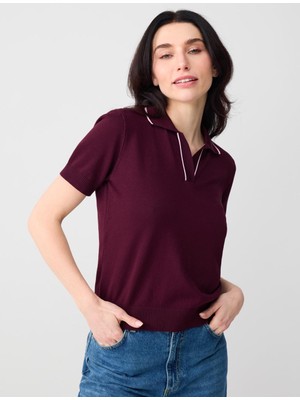 Jimmy Key Bordo V Yaka Kısa Kollu Çizgi Detaylı Triko Bluz