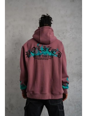 ModaSize Erkek Üç Iplik Içi Pamuklu Alev Baskılı Kapüşonlu Sweatshirt - Gül Kurusu