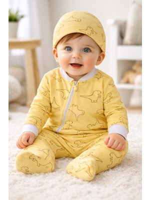 Ladora Tekstil %100 Pamuk Dinozor Desenli Unisex Bebek Fermuarlı Tulum