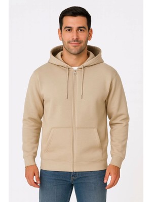 ModaSize Erkek Üç Iplik Kapüşonlu Tam Fermuarlı Kanguru Çepli Sweatshirt Hoodie - Bej