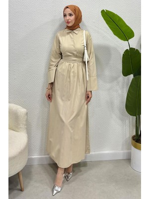 Tesettür Diyarı Kadın Trikoton Gömlek Elbise-Krem