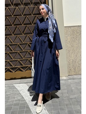 Tesettür Diyarı Kadın Trikoton Gömlek Elbise-Lacivert