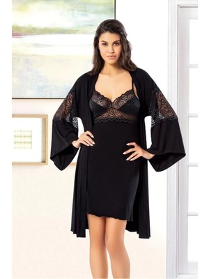 Faal Kadın Siyah Viskon Dantelli Gecelik & Sabahlık Takımı