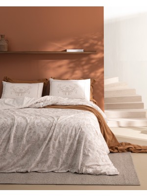 Madame Coco Etoile Çift Kişilik %100 Pamuk Ranforce Baskılı Lastikli Nevresim Takımı - Bej