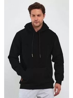 ModaSize Erkek Uzun Kol Kapşonlu Basic Sweatshirt Hoodie - Siyah