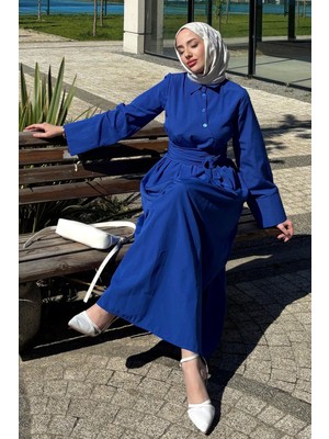 Tesettür Diyarı Kadın Trikoton Gömlek Elbise-Saks