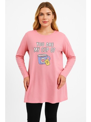 Şans Kadın Büyük Beden Pembe, Pamuklu Kumaş, Ön Baskılı Tunik 65N39239