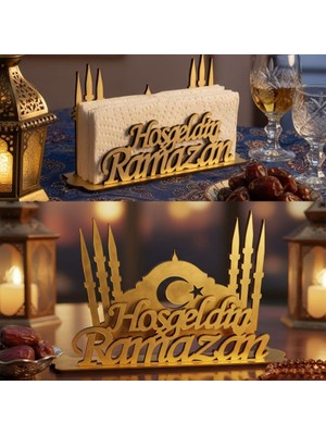 Pandoli Hoşgeldin Ramazan Yazılı 10 X14 cm Dekoratif Pleksi Cami Şekilli Peçetelik Altın Renk