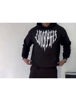 ModaSize Uzun Kol Kapşonlu Baskılı Sweatshirt - Siyah