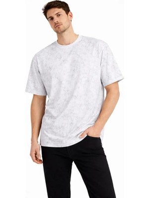 ModaSize Erkek Asit Yıkama Bisiklet Yaka Kısa Kollu Oversize T-Shirt Tişört - Beyaz