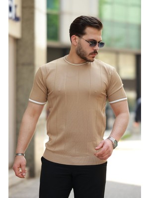 ModaSize Erkek Bisiklet Yaka Çizgi Desenli Ribanalı Kısa Kollu Tshirt