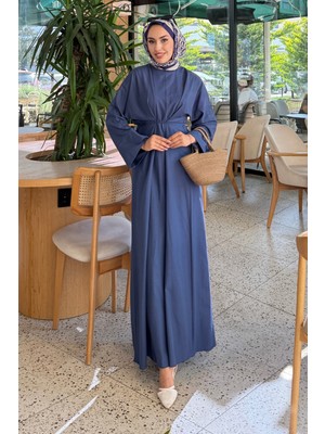 Tesettür Diyarı Belden Bağcıklı Eflin Elbise- Indigo