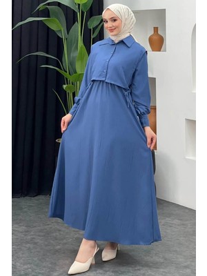 Tesettür Diyarı Kadın Bolerolu Lizza Kumaş Tesettür Elbise-Indigo