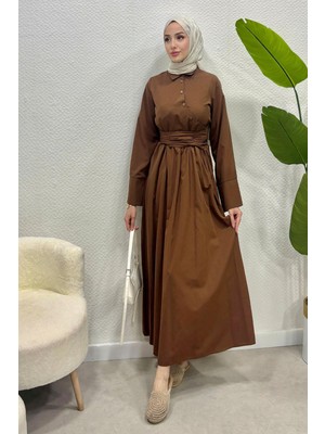 Tesettür Diyarı Kadın Trikoton Gömlek Elbise-Kahverengi