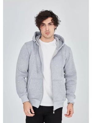 ModaSize Unisex Tam Fermuarlı Kapşonlu Sweatshirt - Gri