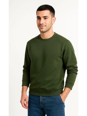 ModaSize Erkek Üç Iplik Düz Bisiklet Yaka Sweatshirt - Haki