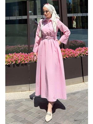 Tesettür Diyarı Kadın Trikoton Gömlek Elbise-Pembe