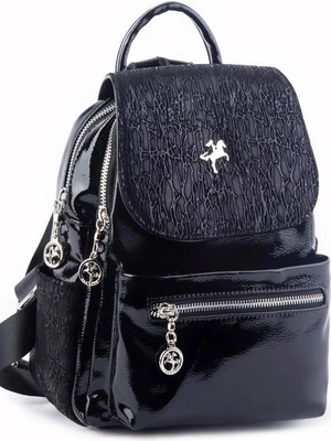 Nas Bag Kadın Sırt Çantası Çift Gözlü Spor Çanta ( 23X26X14 cm ) - Siyah Krsk Rugan