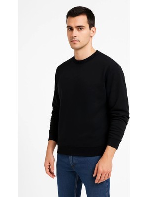 ModaSize Erkek Üç Iplik Düz Bisiklet Yaka Sweatshirt - Siyah