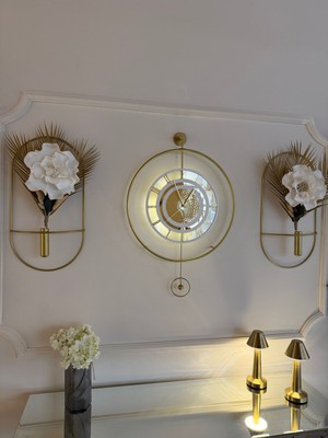 MetaQuartz Aksesuar Premium Gold - Çark Pırlanta - Kırılmaz Camlı - Modern Dekoratif Metal Duvar Saati