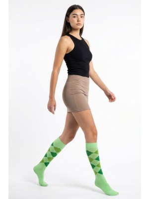 MODA1001 Kadın Ekoseli Premium Dizaltı Çorabı  - Yeşil Yeşil