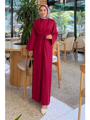 Tesettür Diyarı Belden Bağcıklı Eflin Elbise- Bordo