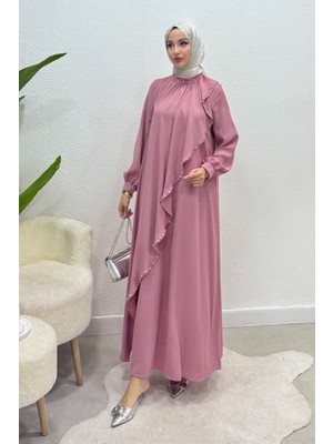 Tesettür Diyarı Krep Kumaş Kenarları Taş Işlemeli Nazende Elbise- Pembe